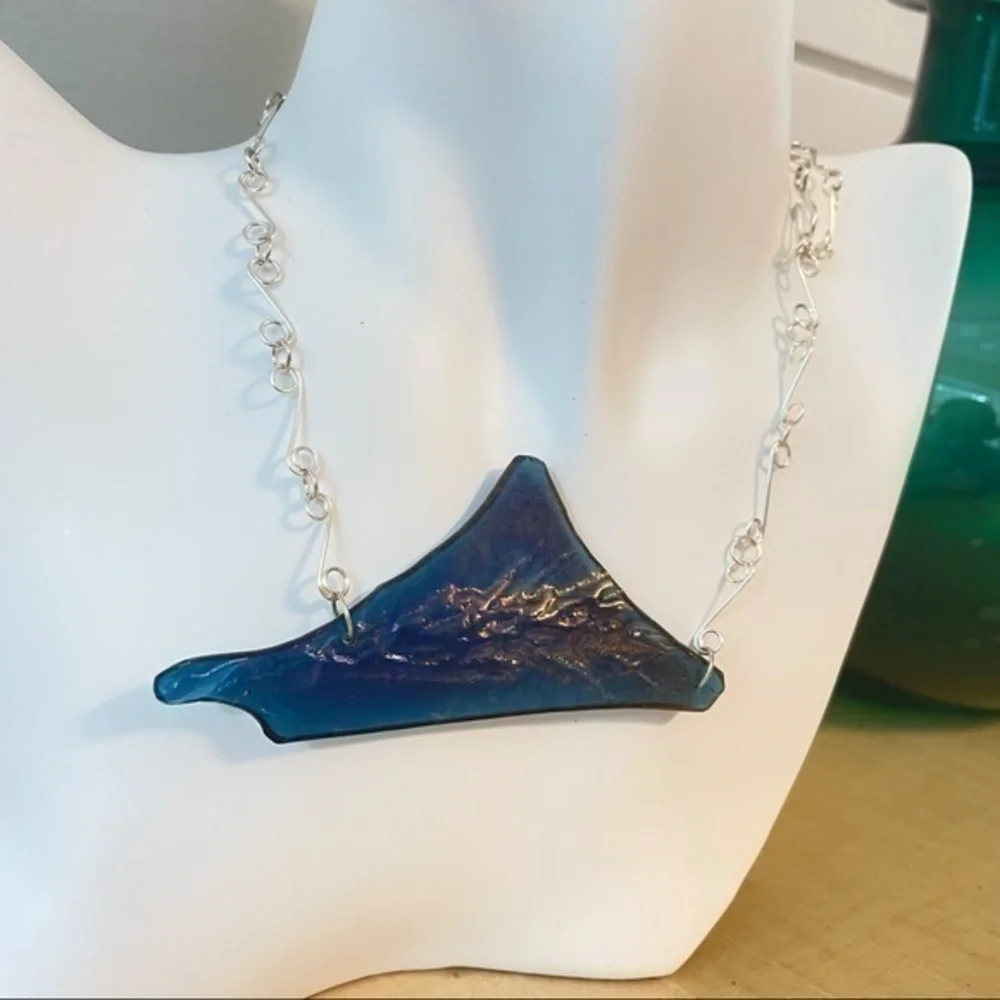 Handmade Iridescent Textured Blue Glass Link Statement Necklace Luxe Unique Gift